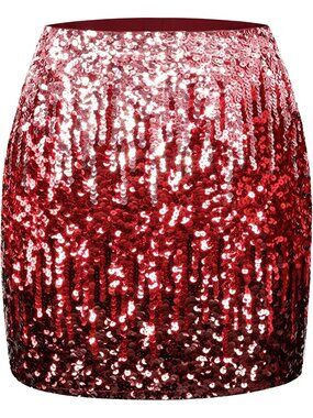 Women's Sequin Sparkle High Waist Bodycon Stretchy Burgundy/Ruby Red Mini Skirt